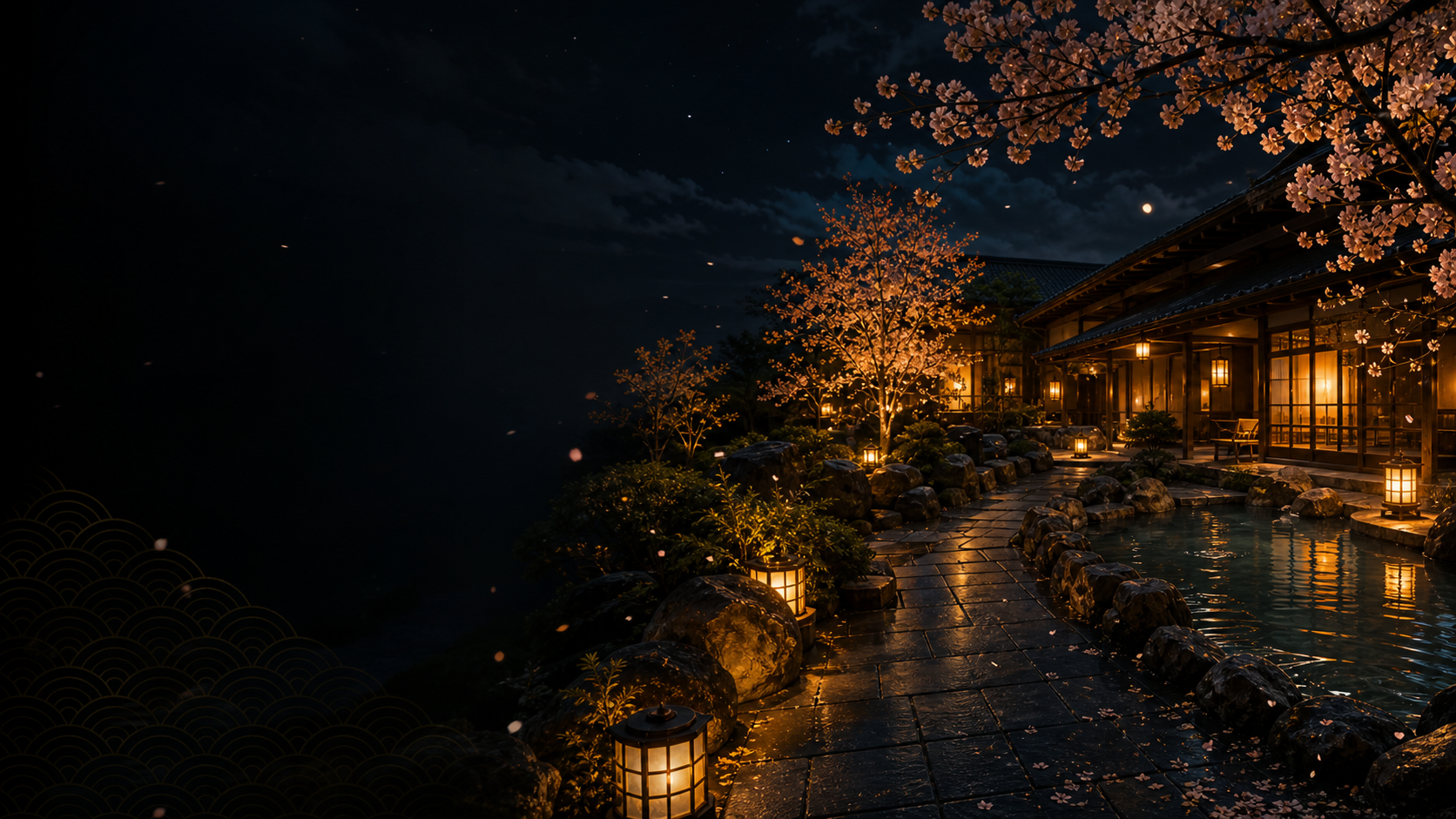 夜の旅館庭園